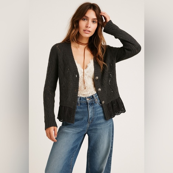 Free People Carbon Gray Pointelle Knit Cardigan with eyelet hem trim - Picture 1 of 9